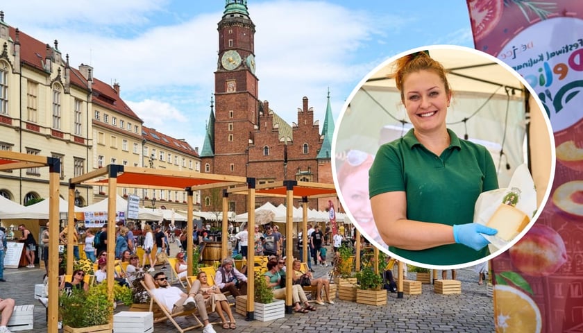 Na dużym zdjęciu ludzie na leżakach i odwiedzający stoiska podczas Delicji 2025 w Rynku, na małym zdjęciu Paulina Sawicka, współzałożycielka Serotoniny