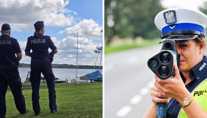 Z prawej: dwoje policjantów patrolujących brzeg stawu, z prawej: policjantka z fotoradatrem kontrolująca prędkość pojazdów.