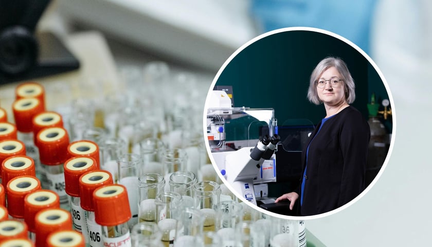w kółku: prof. Julita Kulbacka przy mikroskopie; w tle: laboratorium