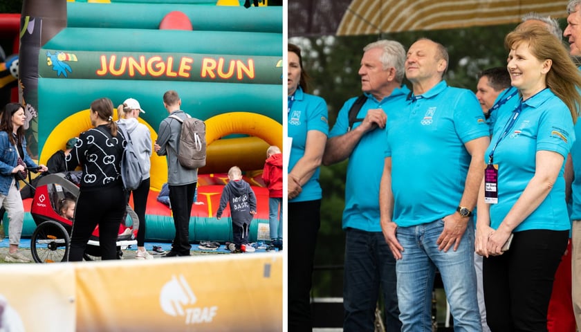 Zdjęcie podzielone na pół: z lewej grupa dorosłych i dzieci przy dmuchanym placu zabaw; z prawej grupa olimpijczyków stojących na scenie podczas ubiegłorocznego pikniku - pierwsza z prawej Renata Mauer-Różańska.