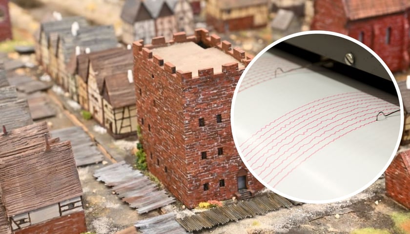W tle: fragment makiety XV-wiecznego Wrocławia, w kółku: wykres pracującego sejsmografu