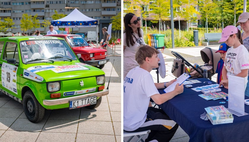 Zdjęcie podzielone na pół: z lewej dwa samochody Fiat 126 p  na Placu Nowy Targ; z prawej dzieci i rodzice przy jednym ze stoisk na pikniku "Bezpieczny Maluch" 7 czerwca 2026 r. 
