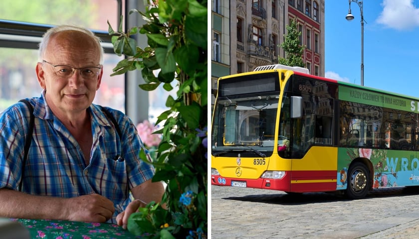 Kolaż 2 zdjęć, z lewej Andrzej Gaszewski, senior, w udekorowanym kwiatami Silverbusie,  z prawej Silverbus zaparkowany na wrocławskim Rynku