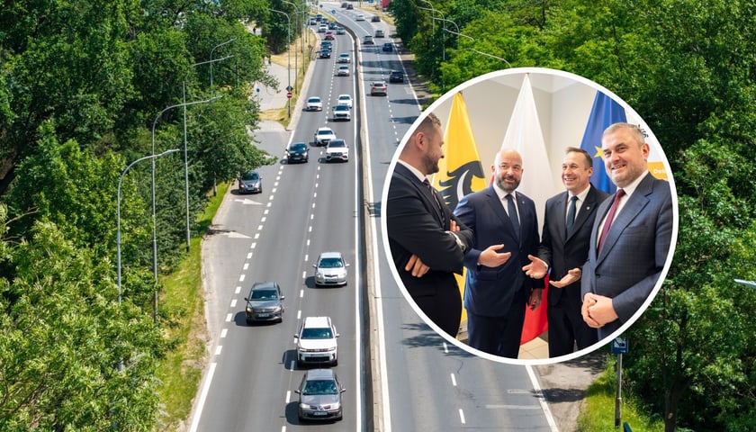 Na dużym zdjęciu Aleja Karkonoska z lotu ptaka. W kółku uczestnicy spotkania w sprawie łącznika A4 z WOW w Urzędzie Marszałkowskim Województwa Dolnośląskiego: wicemarszałek Michał Rado, prezydent Wrocławia Jacek Sutryk, marszałek Paweł Gancarz i wiceminister infrastruktury Stanisław Bukowiec