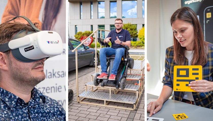 trzy zdjęcia, od lewej: mężczyzna w goglach VR; mężczyzna korzystający z wózka inwalidzkiego poruszającego się po schodach; kobieta prezentuje znak dla systemu nawigacji z ciemnym nieokreślonym symbolem graficznym na żółtym tle.