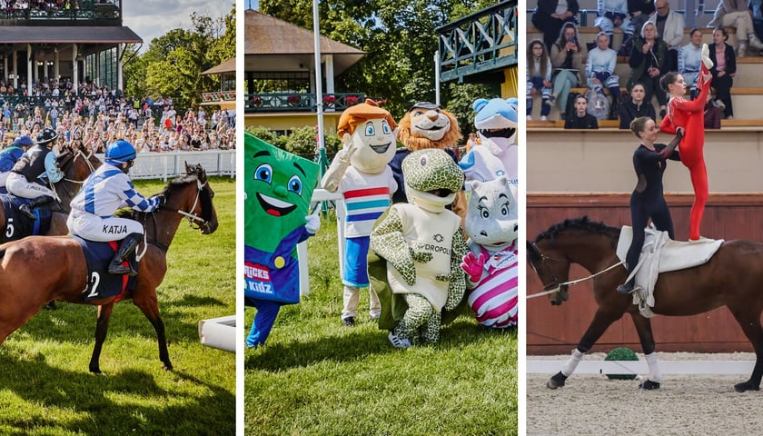 Zdjęcie ilustracyjne podzielone na trzy części: z lewej - konie podczas wyścigu na torze; w środku maskotki podczas poprzedniego Family Day na Partynicach; z prawej - dwie kobiety wykonujące ewolucje na grzbiecie jadącego konia - pokaz woltyżerki.