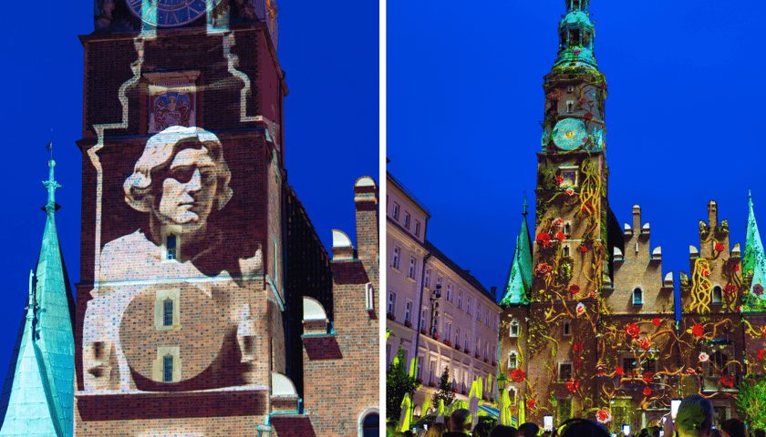 Zestawienie 2 zdjęć. Pokaz video mappingu na ścianach Ratusza we wrocławskim Rynku