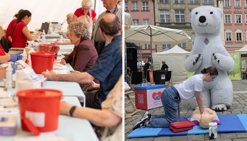 Kolaż 2 zdjęć, przedstawiających Dni Promocji Zdrowia na Placu Gołębim w Rynku, 13 czerwca 2026