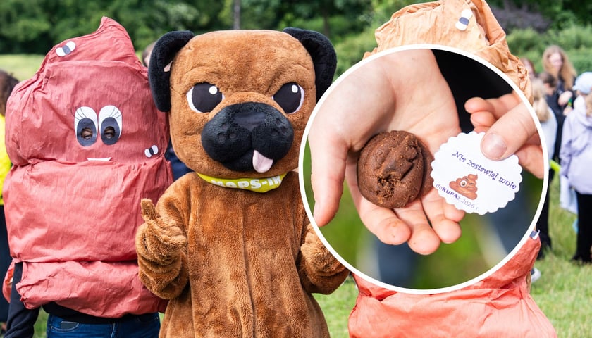 dwa zdjęcia, w tle: osoba w kostiumie psa Mopsika (maskotka Miejskiego Ośrodka Pomocy Społecznej) w towarzystwie, dwóch maskotek symbolizujących psie odchody; w kółku: osoba prezentuje ciastko w kształcie psiej kupy oraz karteczkę z napisem "Nie zostawiaj mnie. deKupaż 2026 r."
