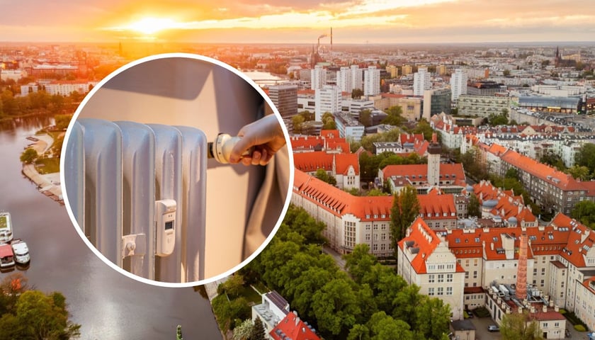Na dużym zdjęciu widok na kampus Politechniki Wrocławskiej, która stanie się wytwórca ciepła dla Wrocławian. W oddali kominy elektrociepłowni należącej do Kogeneracji, która wciąż jest głównym wytwórcą ciepła dla miasta. Na małym obrazku kaloryfer 