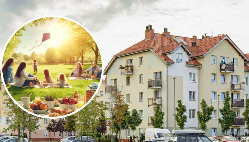 Na dużym zdjęciu budynek mieszkalny TBS Wrocław na Stabłowicach, na małym zdjęciu w kółku rodzina podczas pikniku-zdjęcie ilustracyjne