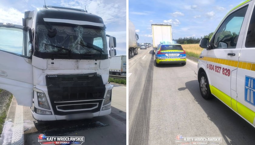 Z lewej jedna z rozbitych ciężarówek, z prawej służby pracujące na miejscu kolizji na A4 - 16.06.2026 r.