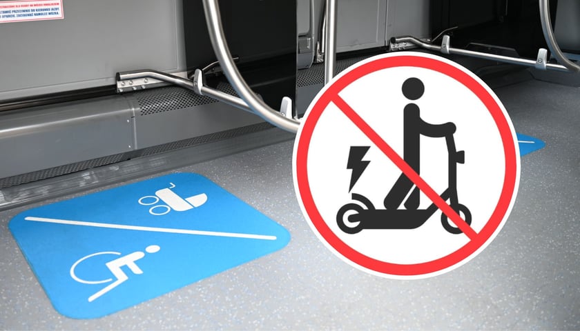 Zdjęcie podłogi autobusu z piktogramami wózka inwalidzkiego i dziecięcego, a w kółku piktogram zakazujący hulajnóg elektrycznych 