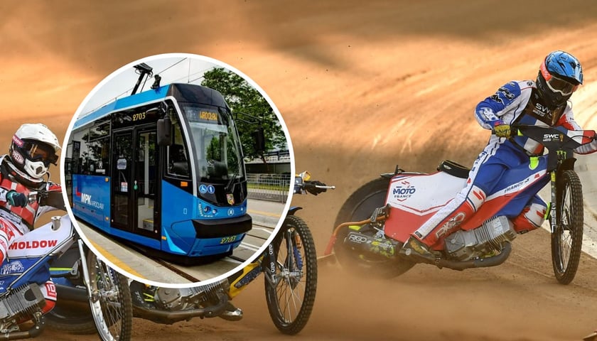 Żużlowcy na torze Stadionu Olimpijskiego oraz tramwaj MPK Wrocław 