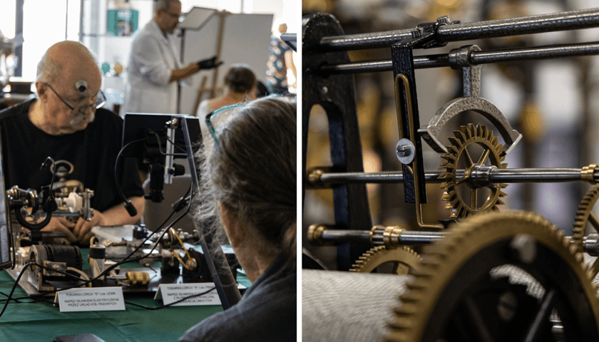 Kolaż 2 zdjęć z festiwalu „Passion for Watches Antoni N. Patek”, który w dniach 19-20 czerwca odbywa się w Centrum Historii Zajezdnia w3 Wrocławiu. Na pierwszym zdjęciu zegarmistrz przy pracy, na drugim fragment zabytkowego mechanizmu