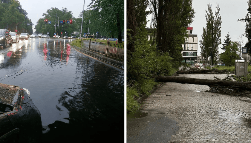 Burza nad Wrocławiem. Zalany wiadukt przy Parku Południowym i leżący konar drzewa na pętli przy ul. Zwycięskiej