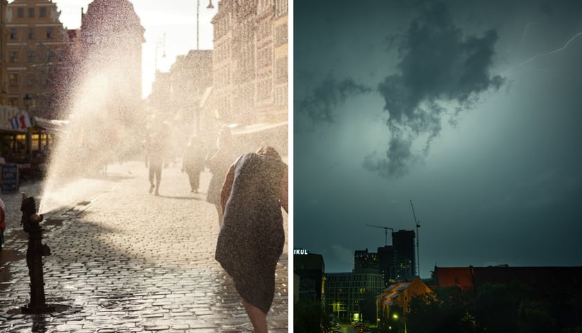 Po lewej: przechodnie i kurtyna wodna w rynku, po prawej: burzowe niebo we Wrocławiu 