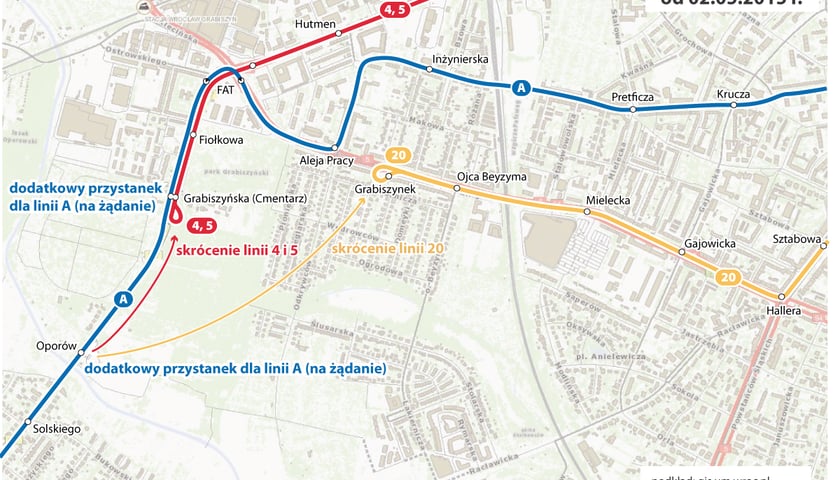 2 maja - zmiana tras linii tramwajowych 4, 5 i 20