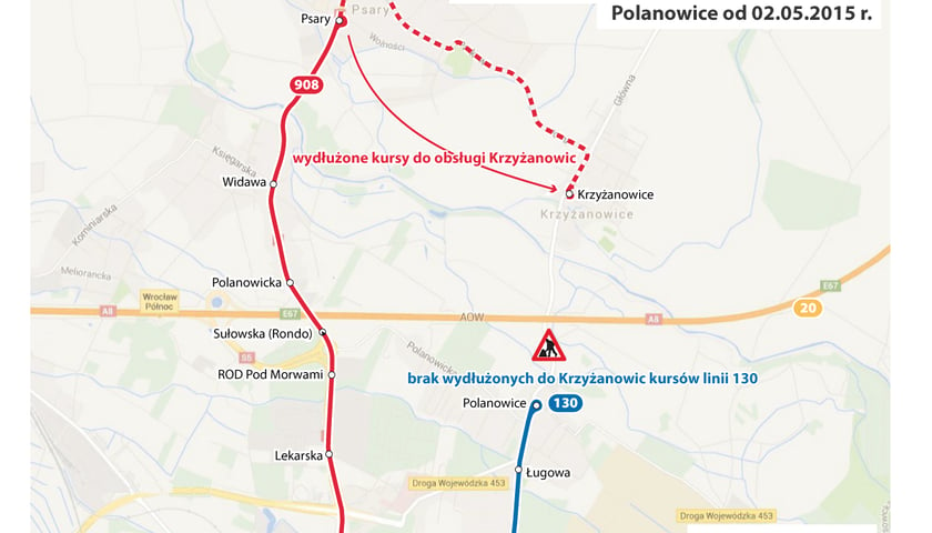 2 maja - Polanowice zmiany na liniach 130 i 908