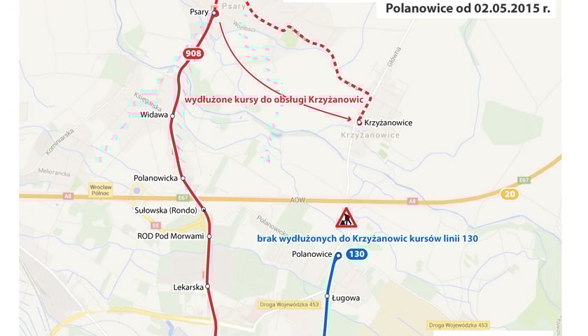 2 maja - Polanowice zmiany na liniach 130 i 908