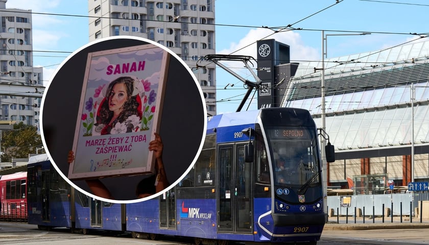 Baner z wizerunkiem Sanah (w kółku), tramwaj na zdjęciu ilustracyjnym 