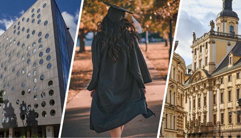 trzy zdjęcia, od lewej: budynek C-13 Politechniki Wrocławskiej z charakterystycznymi okrągłymi oknami; studentka w stroju absolwentki, z charakterystycznym czarnym biretem; gmach główny Uniwersytetu Wrocławskiego.