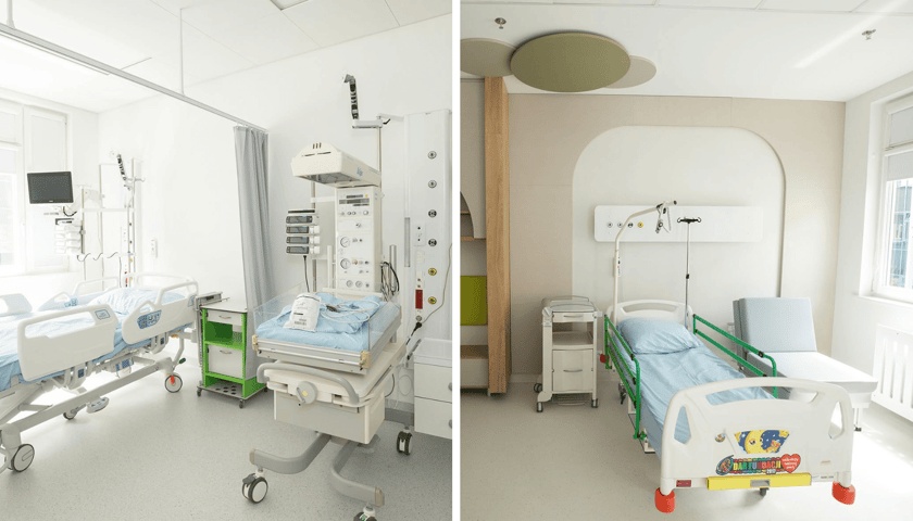 Zestawienie 2 zdjęć. Pomieszczenia nowej kliniki kardiologii i kardiochirurgii dziecięcej we Wrocławiu. Na zdjęciu sala szpitala z łóżkiem i sprzętem medycznym