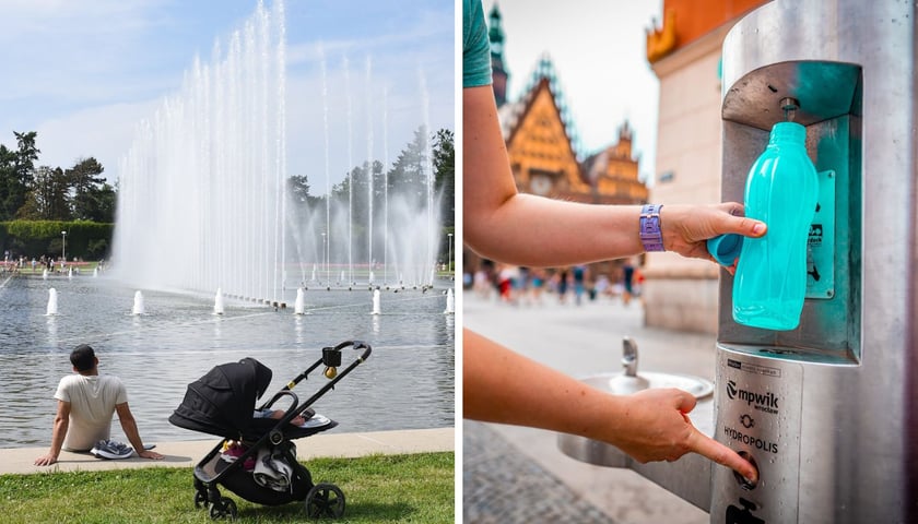 Zdjęcie podzielone na pół" z lewej - mężczyzna siedzący w letni dzień przy wózku dziecięcym nad stawem z fontannami; z prawej - ręce z butelką do której nabierana jest woda z ulicznego zdroju, w tle widoczny Ratusz na wrocławskim Rynku.