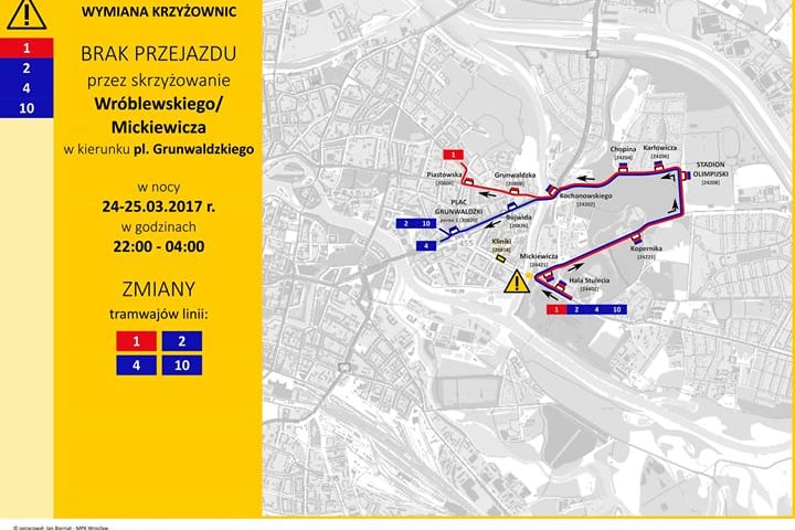 24 marca – wymiana rozjazdu na skrzyżowaniu ulicy Wróblewskiego i Mickiewicza