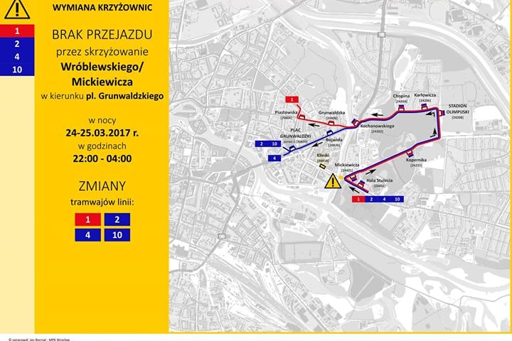 24 marca – wymiana rozjazdu na skrzyżowaniu ulicy Wróblewskiego i Mickiewicza