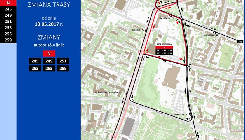 13 maja – zmiana tras linii autobusowych w obrębie węzła „Petrusewicza”