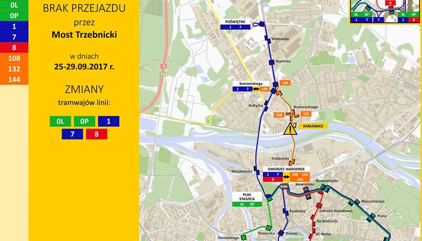 25 września – wymiana rozjazdu tramwajowego na moście Trzebnickim