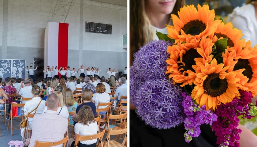 Zakończenie roku szkolnego w ZSP przy ul. Kłodzkiej - zestawienie 2 zdjęć - z lewej uczniowie, z prawej kwiaty 