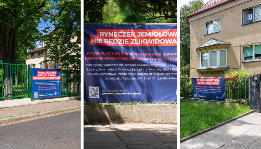 Baner na płocie przedszkola na ul. Sławka, baner przy Ryneczku Jemiołowa, baner na płocie przedszkola przy ul. Łączności 