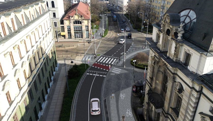 Wizualizacja przedstawia drogę rowerową na ulicach Bożego Ciała i Widok 