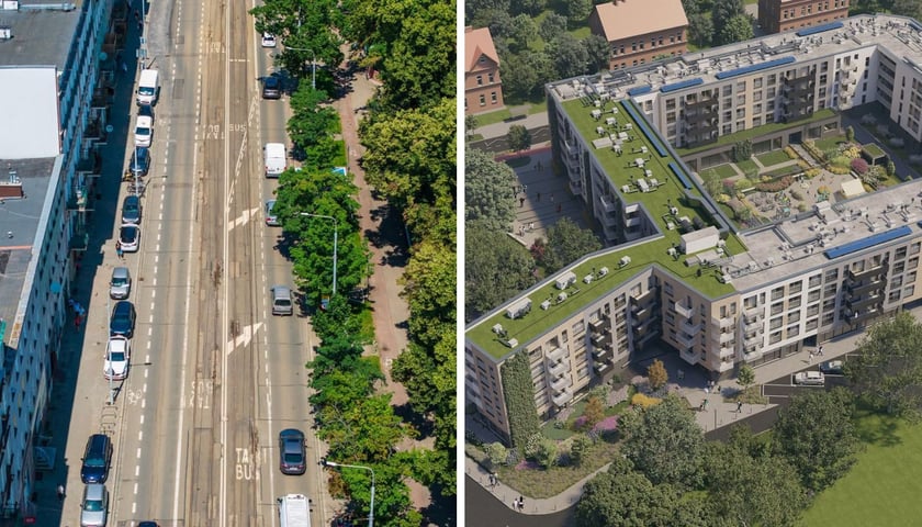 Na zdjęciu z lewej ul. Trzebnicka, na której 27 czerwca rozpocznie się remont, z prawej wizualizacja inwestycji TBS Wrocław na Brochowie