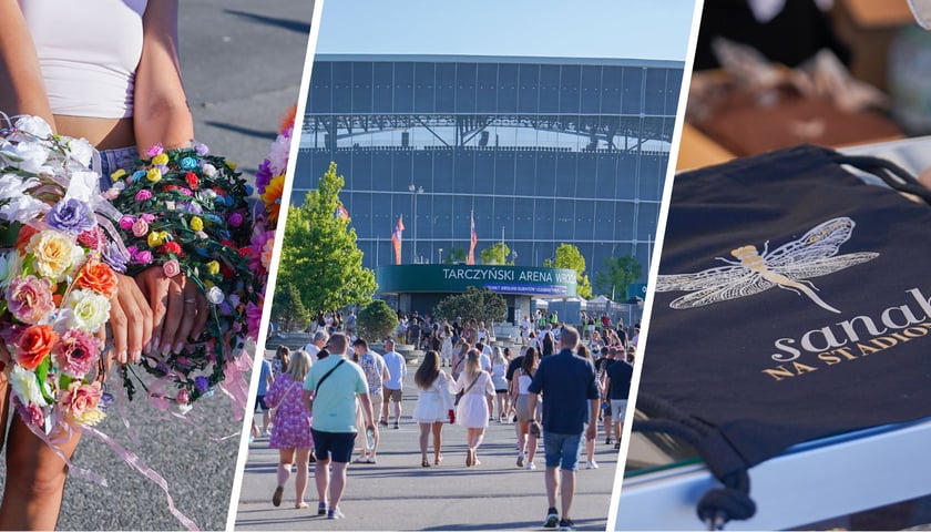 trzy zdjęcia, od lewej: fanki prezentują kwietne ozdoby na rękach; tłum ludzi wchodzi na teren stadionu Tarczyński Arena; w oficjalnym sklepiku leży torba z logotypem trasy "sanah na stadionach".