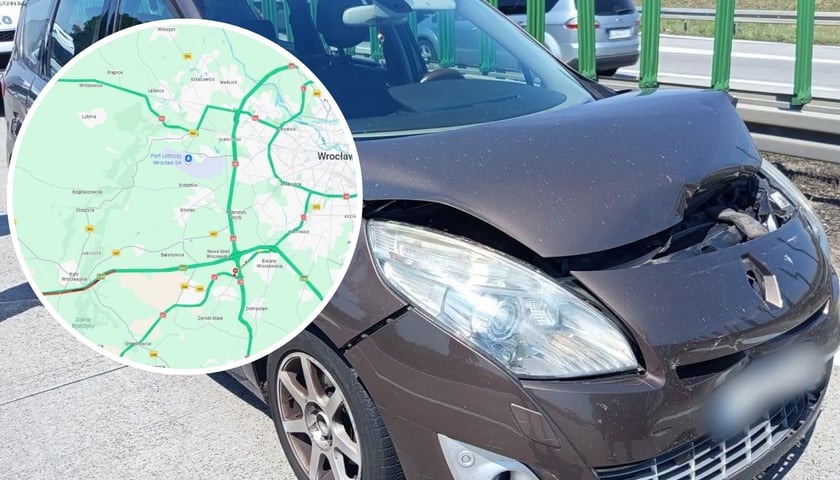 Uszkodzone samochody na autostradzie A4, mapa z miejscem kolizji. Do zdarzenia doszło w niedzielę, 28 czerwca, na 141. kilometrze autostrady A4. 