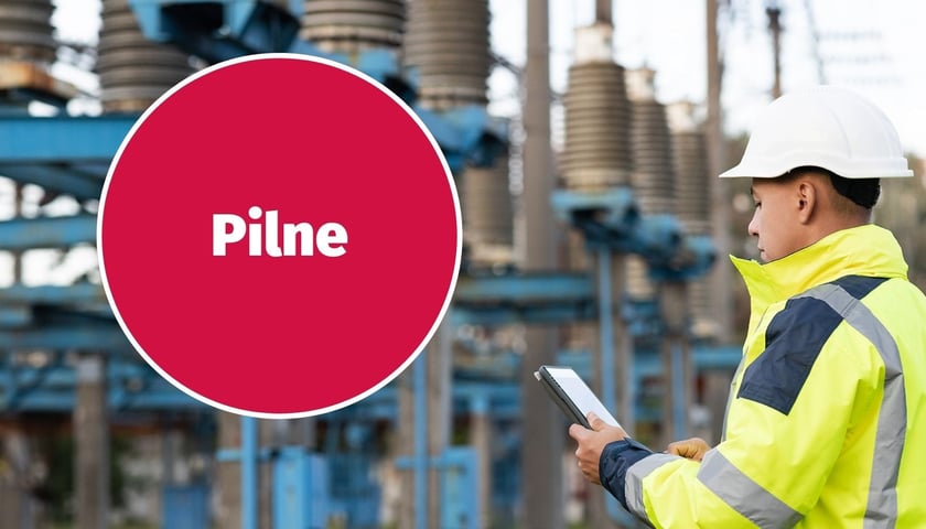 W tle: pracownik firmy energetycznej, w kółku: napis ''pilne'' na czerwonym tle