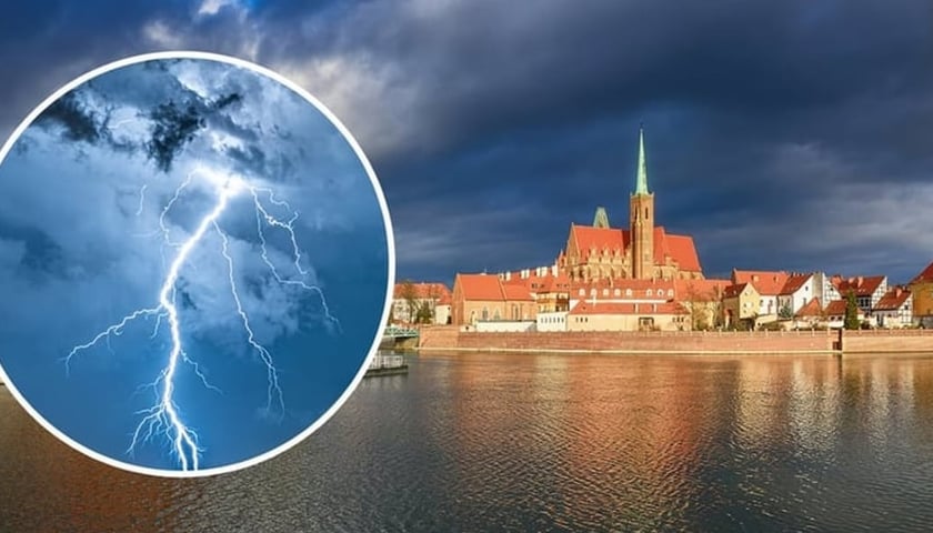 zdjęcie ilustracyjne: w tle panorama Wrocławia; w kółku wyładowanie atmosferyczne na niebie