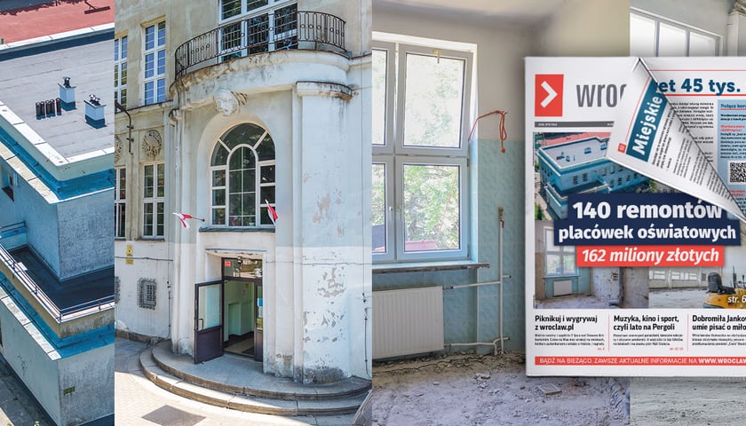Kolaż czterech zdjęć przedstawiających budynek szkoły, zniszczoną elewację i prace remontowe