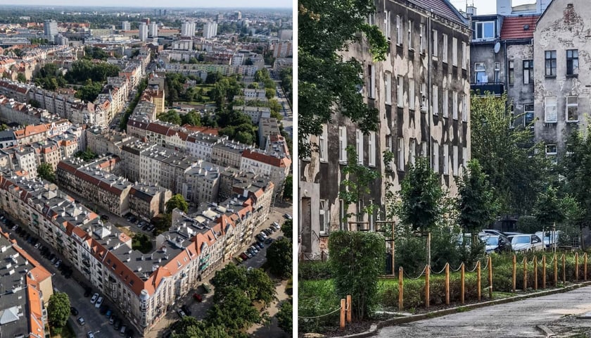 Zdjęcie podzielone na pół: z lewej - widok z drona na podwórze i kamienice w oficynie przy ul. ul. Nowowiejskiej 86a, 88a, 90a–92a, 90b i 92b; z prawej - te same budynki widziane od podwórza.