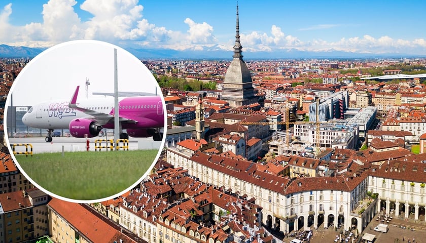 Zdjęcie ilustracyjne - panorama Turynu, z lewej strony w okrągłym kadrze samolot w barwach linii Wizz Air.