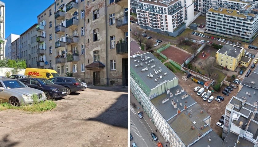 dwa zdjęcia: samochody zaparkowane na podwórku, które jest przygotowywane do remontu; to samo podwórko - widok z lotu ptaka