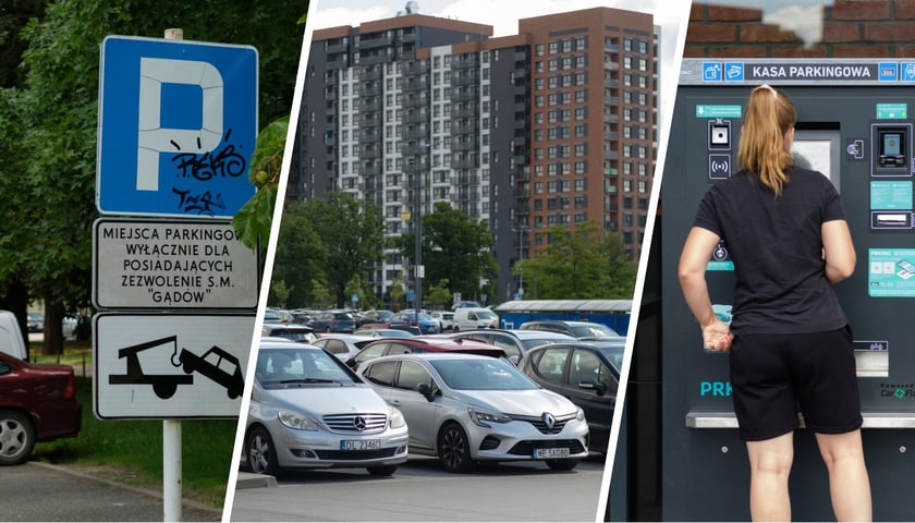 trzy zdjęcia: parking tylko dla mieszkańców pod jednym z bloków; samochody parkujące przy centrum handlowym; kobieta opłaca parking w automacie.