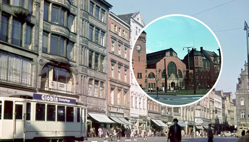 Rynek we Wrocławiu, ludzie na ulicy, przed 1945 r. Hala targowa przed 1945 r. 