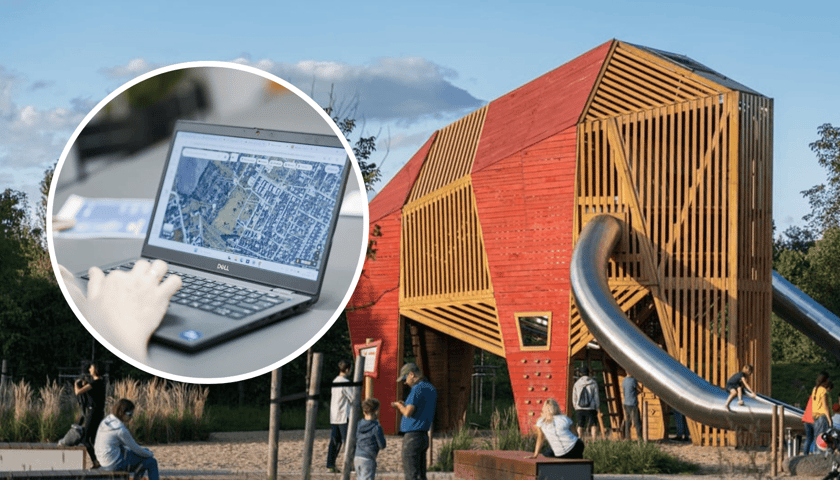 Kolaż 2 zdjęć: w tle Park Mamuta - jeden z projektów zrealizowanych w ramach WBO, w kółku jeden z projektów na monitorze laptopa
