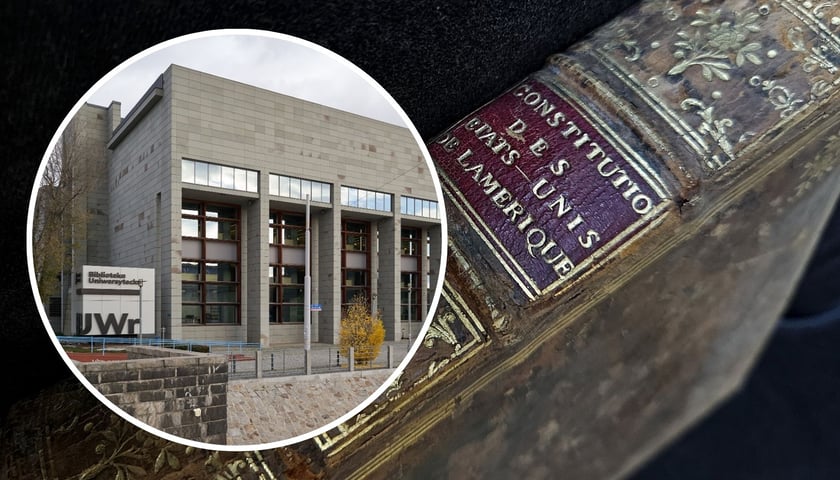 Grzbiet skórzanej oprawy Deklaracji Niepodległości wydanej w Paryżu w 1783 roku i budynek Biblioteki Uniwersyteckiej we Wrocławiu
