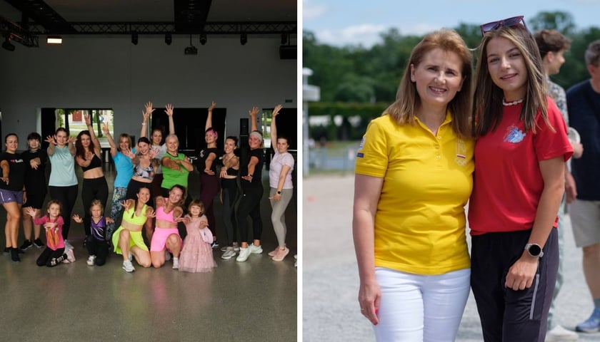 Z lewej grupa tańcząca zumbę, z prawej Renata Mauer-Różańska i młoda kobieta przed Halą Stulecia na sportowej sobocie