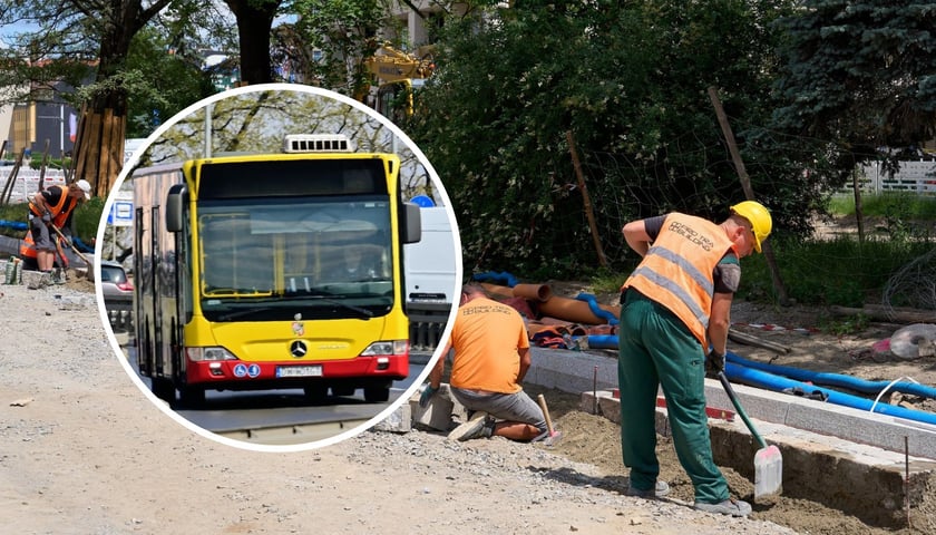 Na dużym zdjęciu prace przy budowie węzła Drobnera-Dubois (zdjęcie z początku czerwca). Na małym zdjęciu autobus MPK  